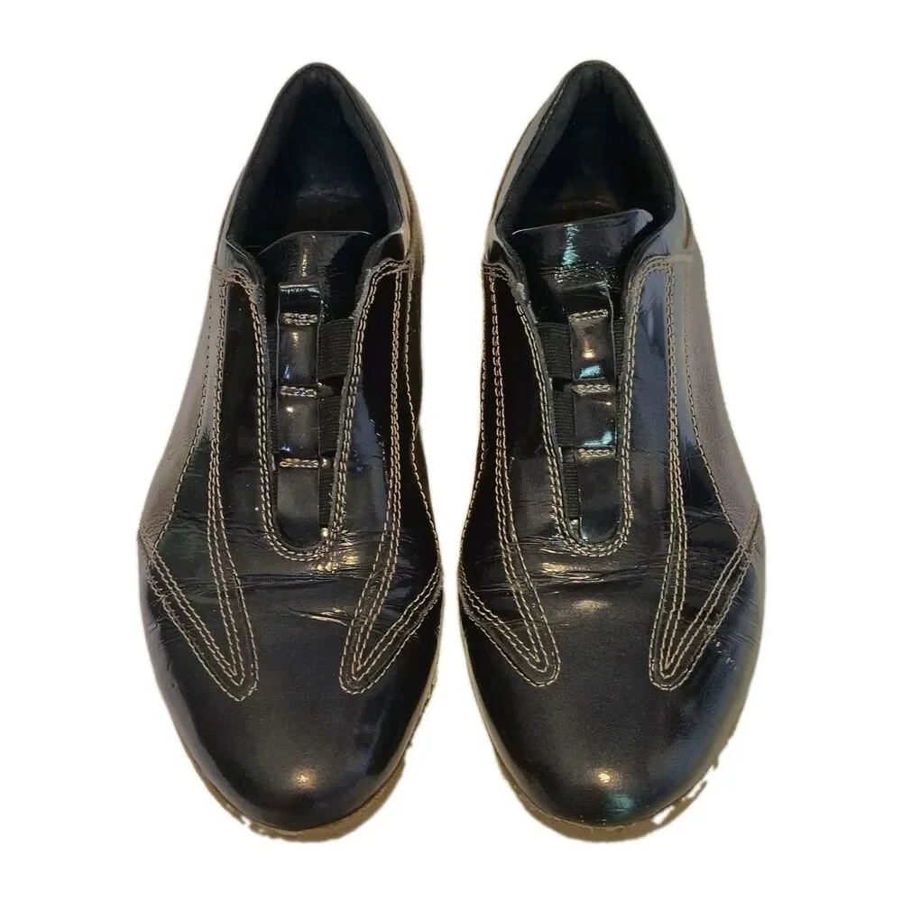 Micadel Black Patent & Metallic Leather Slip On Sneaker Loafer 6 Leather Spain